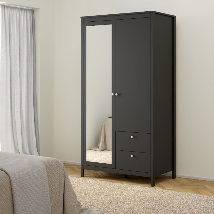 Madrid Wardrobe with 1 Door 1 Mirror Door 2 Drawers Matt Black