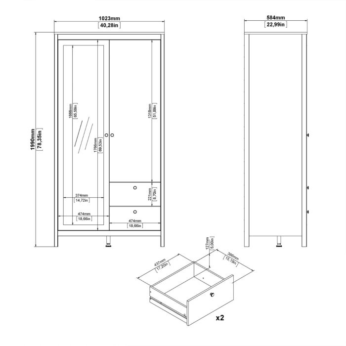 Madrid Wardrobe with 1 Door 1 Mirror Door 2 Drawers Matt Black