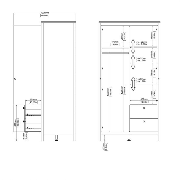 Madrid Wardrobe with 1 Door 1 Mirror Door 2 Drawers White