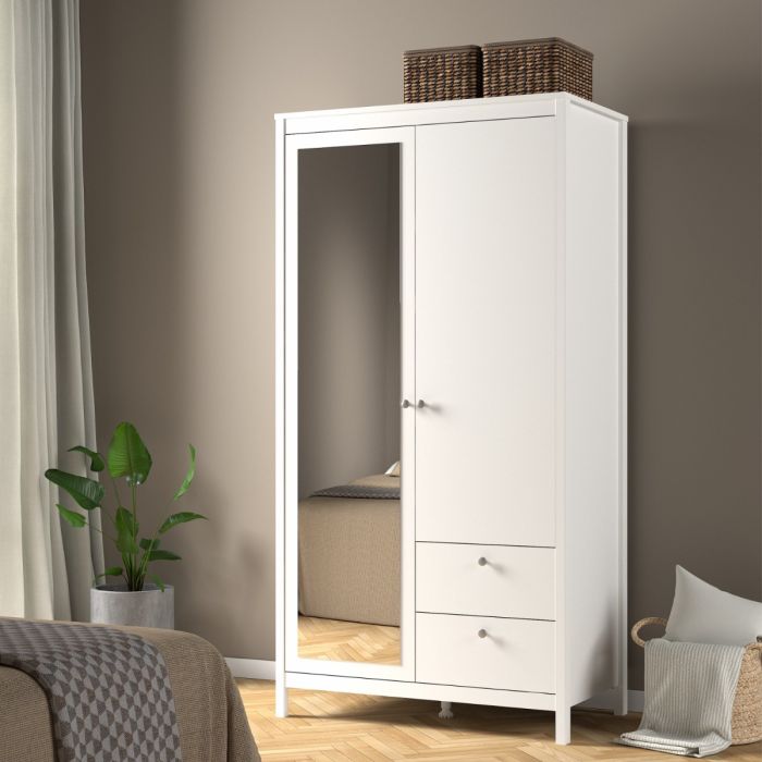 Madrid Wardrobe with 1 Door 1 Mirror Door 2 Drawers White