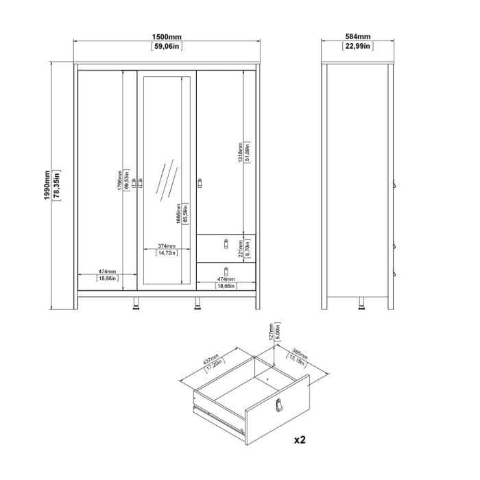 Madrid Wardrobe with 2 Doors 1 Mirror Door 2 Drawers Matt Black