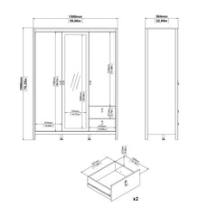 Madrid Wardrobe with 2 Doors 1 Mirror Door 2 Drawers Matt Black