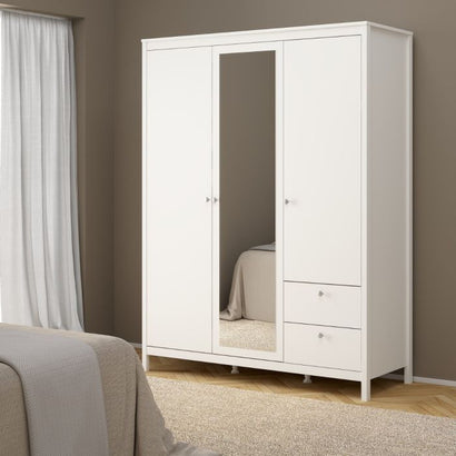Madrid Wardrobe with 2 Doors 1 Mirror Door 2 Drawers White - Furniture One Shop