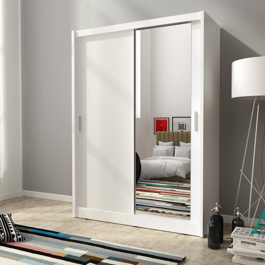 Maja Wooden Wardrobe 150cm With 1 Mirror Sliding Doors In White Matt