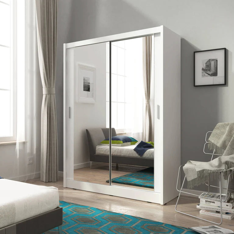 Maja Wooden Wardrobe 150cm With 2 Mirrored Sliding Doors In White Matt