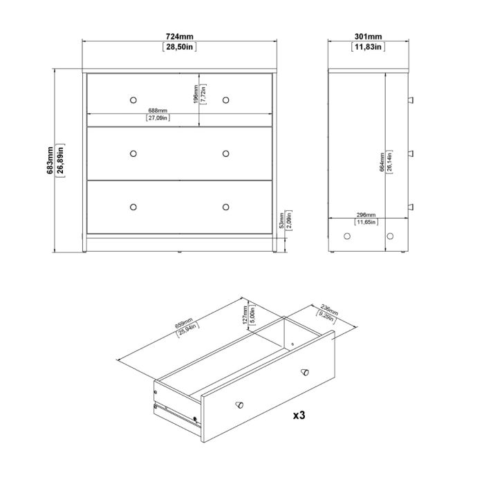 May Wooden Chest of 3 Drawers in White