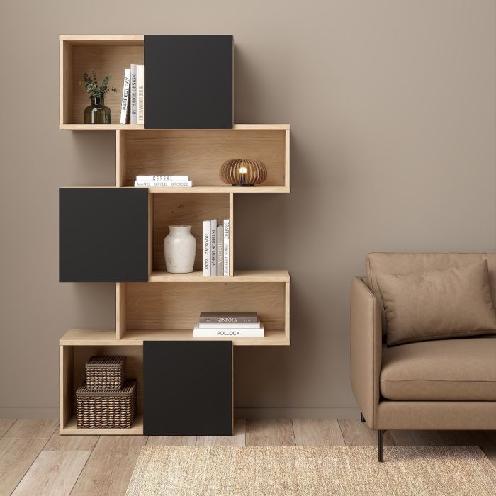 Maze Asymmetrical Bookcase with 3 Doors in Jackson Hickory and Black - UK