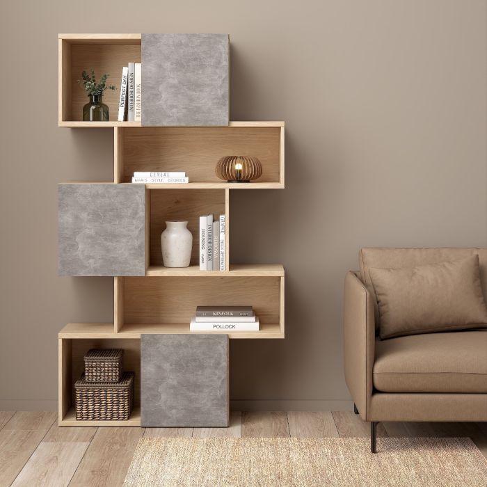 Maze Asymmetrical Bookcase with 3 Doors in Jackson Hickory and Concrete - UK