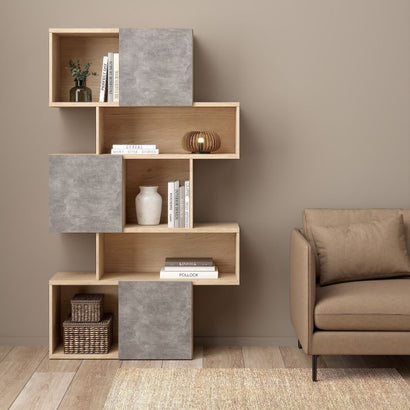 Maze Asymmetrical Bookcase with 3 Doors in Jackson Hickory and Concrete - UK - Furniture One Shop