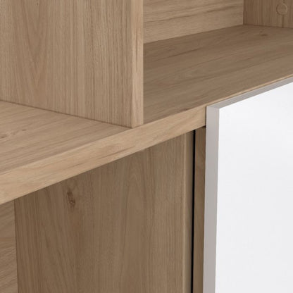 Maze Asymmetrical Bookcase with 3 Doors in Jackson Hickory and White High Gloss - UK
