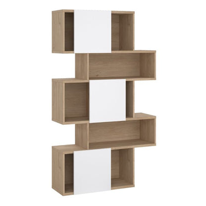 Maze Asymmetrical Bookcase with 3 Doors in Jackson Hickory and White High Gloss - UK