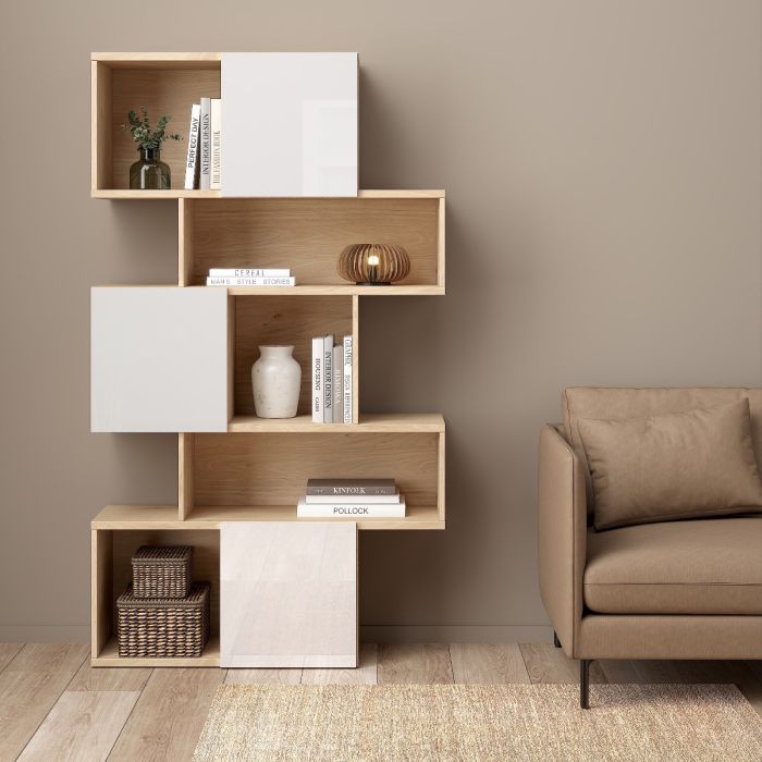 Maze Asymmetrical Bookcase with 3 Doors in Jackson Hickory and White High Gloss - UK