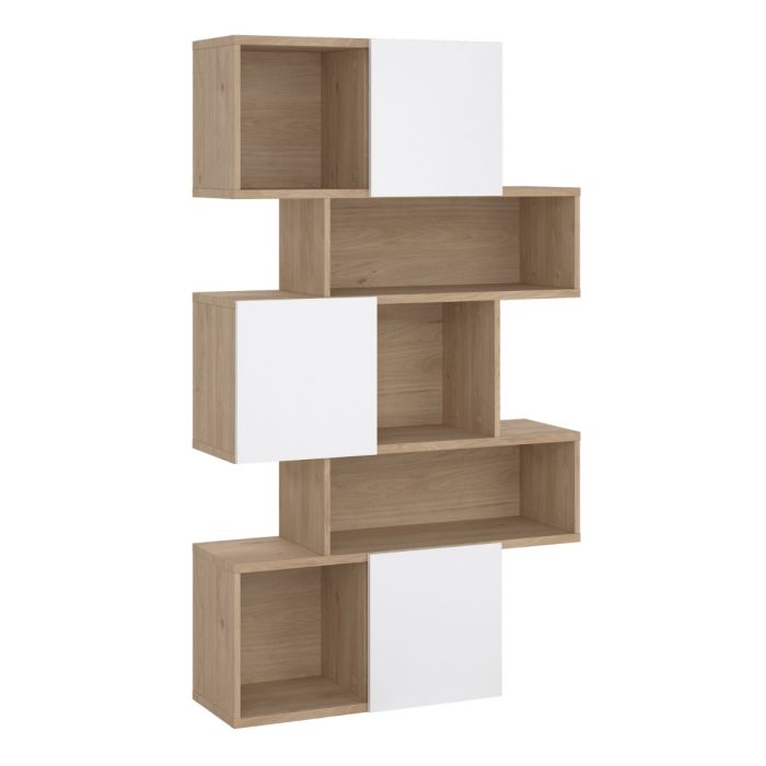 Maze Asymmetrical Bookcase with 3 Doors in Jackson Hickory and White High Gloss - UK