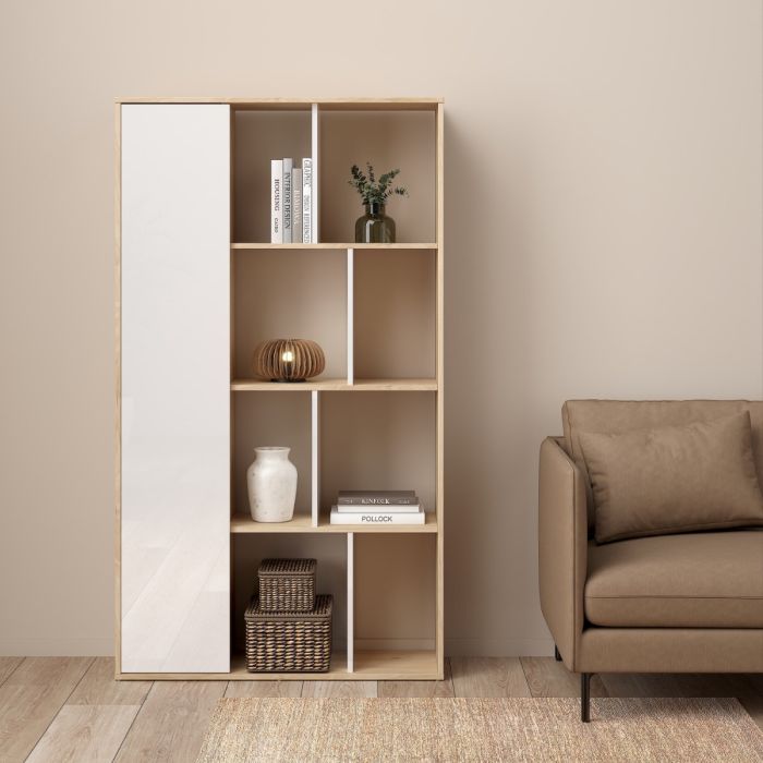 Maze Bookcase with 1 Door in Jackson Hickory and White High Gloss - UK