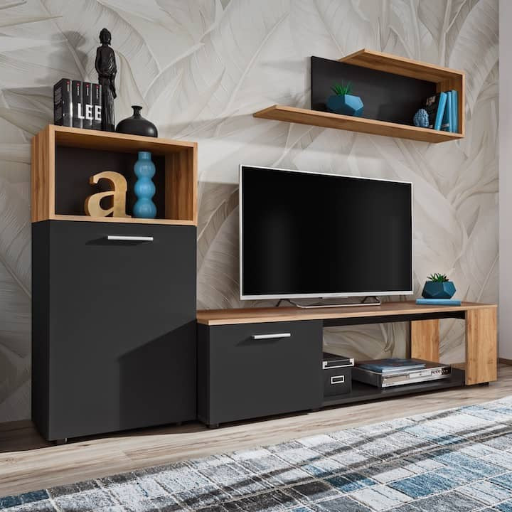 Maze I Wooden Entertainment Unit in Black Matt & Oak Wotan