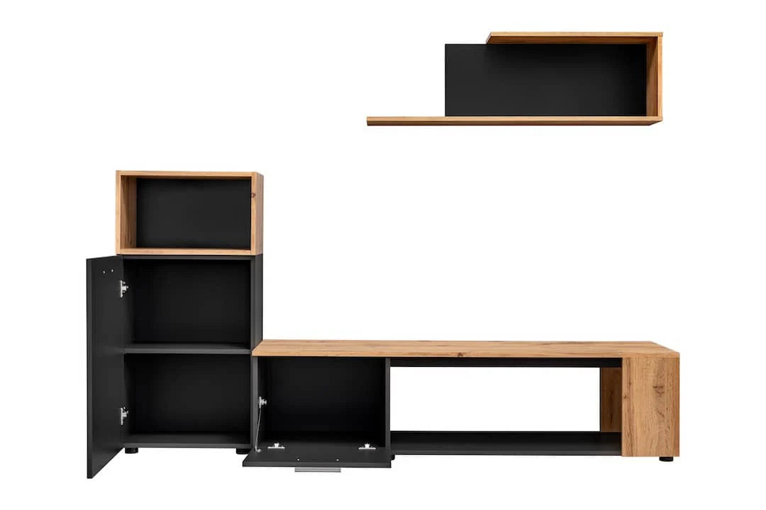 Maze I Wooden Entertainment Unit in Black Matt & Oak Wotan