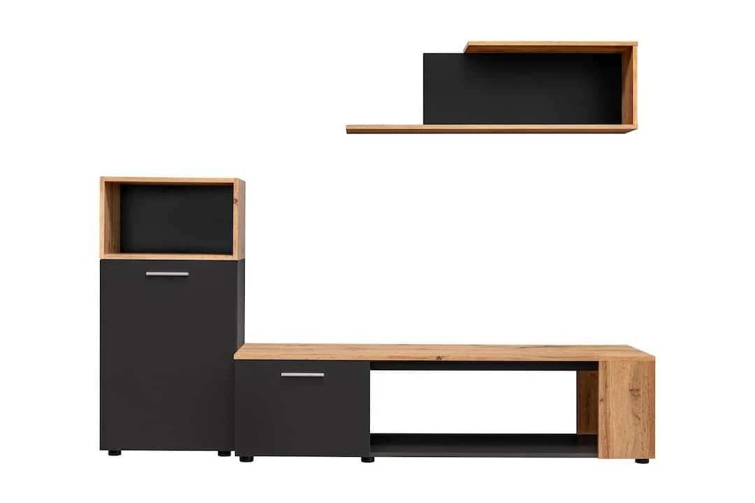 Maze I Wooden Entertainment Unit in Black Matt & Oak Wotan