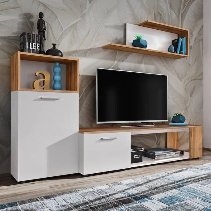 Maze I Wooden Entertainment Unit in White Matt & Oak Wotan