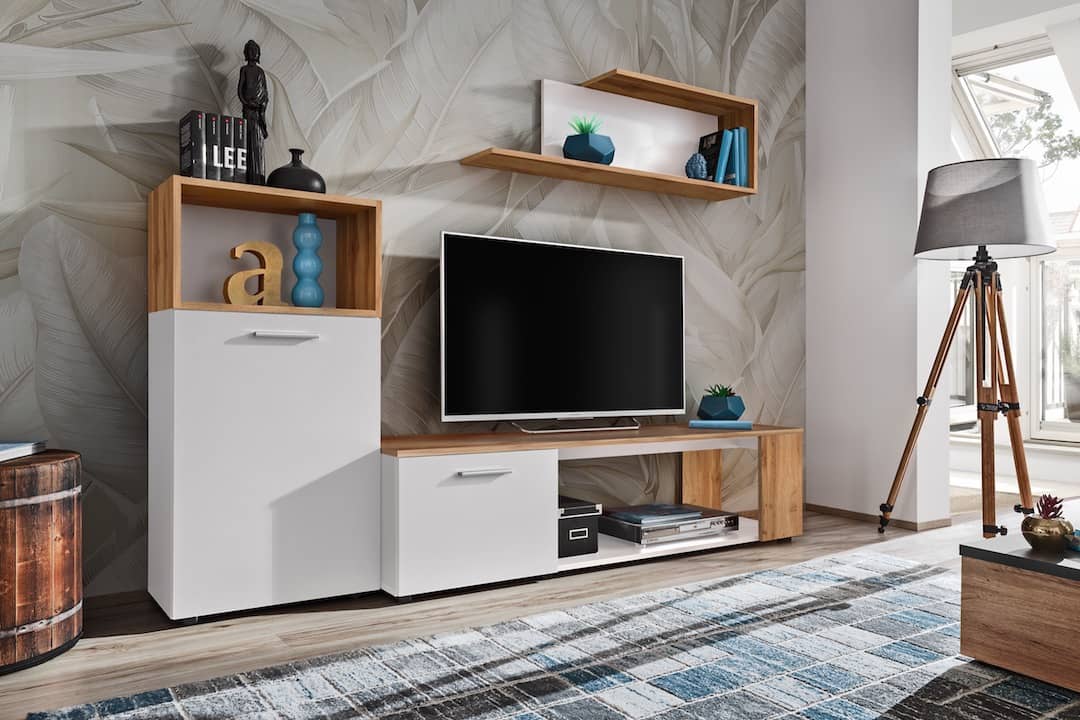 Maze I Wooden Entertainment Unit in White Matt & Oak Wotan