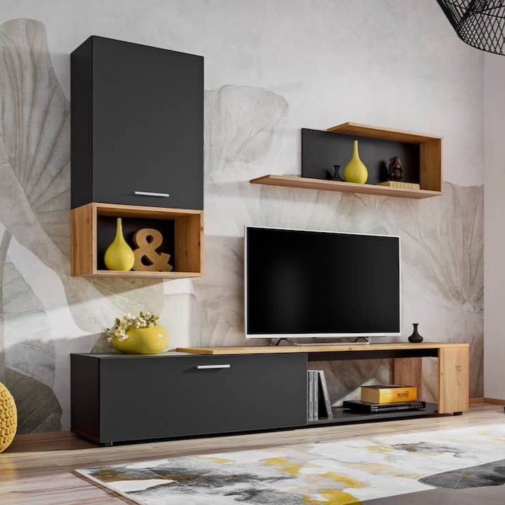 Maze II Wooden Entertainment Unit in Black Matt & Oak Wotan