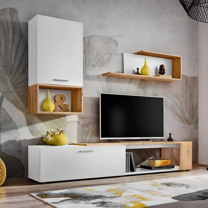 Maze II Wooden Entertainment Unit in White Matt & Oak Wotan