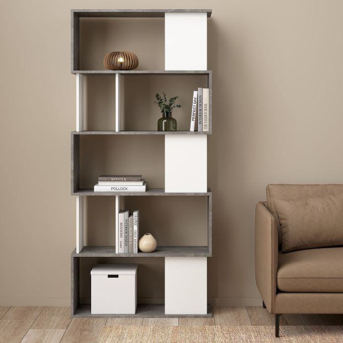 Maze Open Bookcase 4 Shelves in Concrete and White - UK