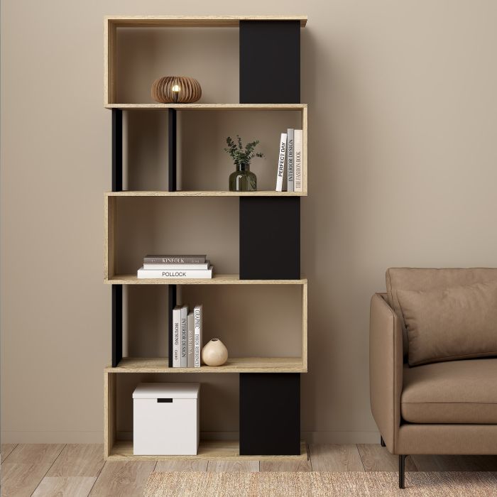 Maze Open Wooden Bookcase 4 Shelves in Oak and Black