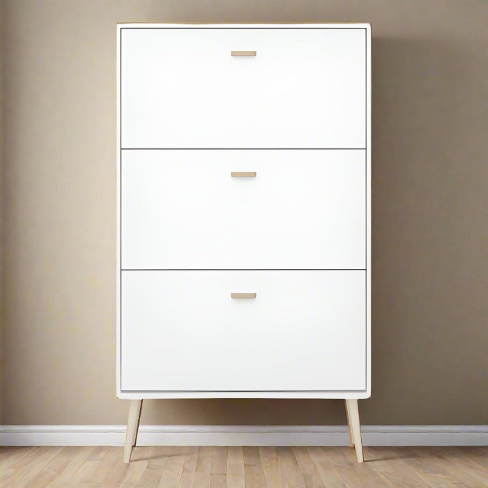 Mino Shoe Cabinet with 3 Flip Down Doors in Pure White - UK