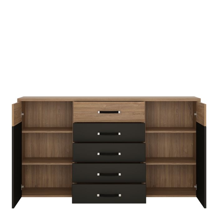 Monaco 2 Door 5 Drawer Wide Sideboard in Stirling Oak and Matt Black