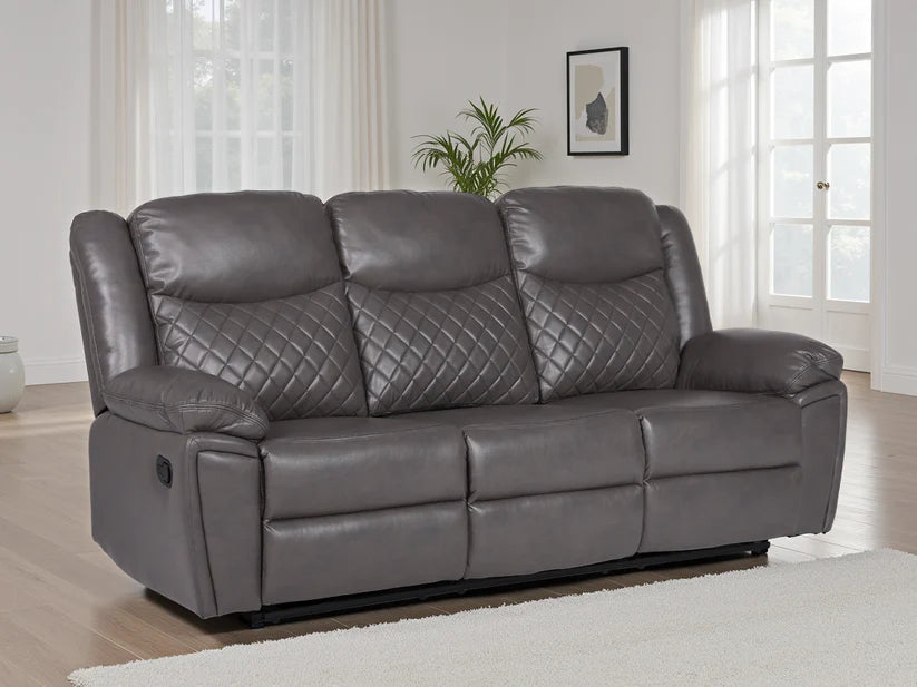 Myra Faux Leather 3 Seater Manual Recliner Sofa In Grey