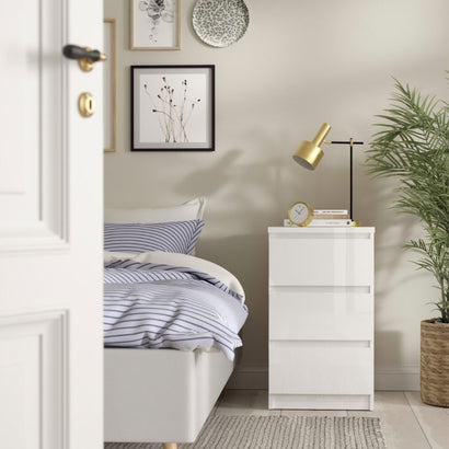 Naia Bedside 3 Drawers in White High Gloss - UK - Furniture One Shop