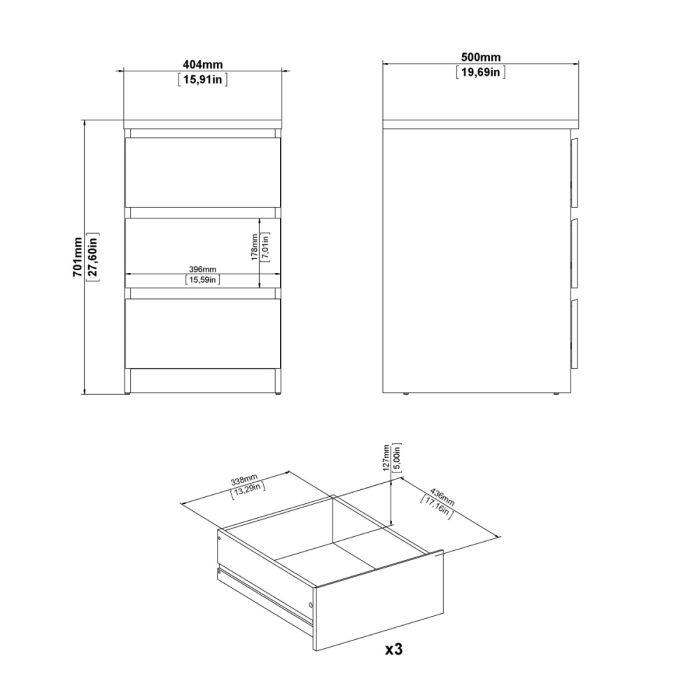 Naia Bedside 3 Drawers in White High Gloss - UK