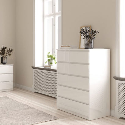 Naia Chest of 5 Drawers in White High Gloss - UK - Furniture One Shop