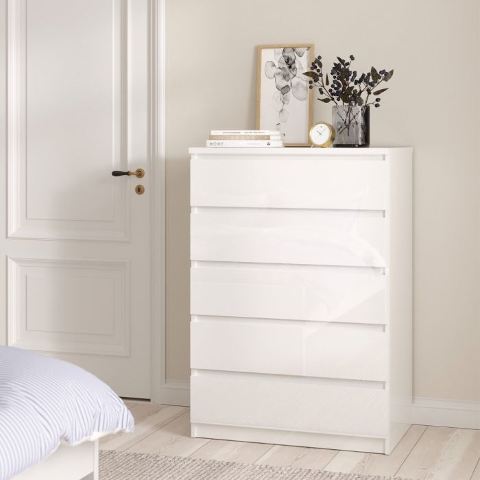 Naia Chest of 5 Drawers in White High Gloss - UK