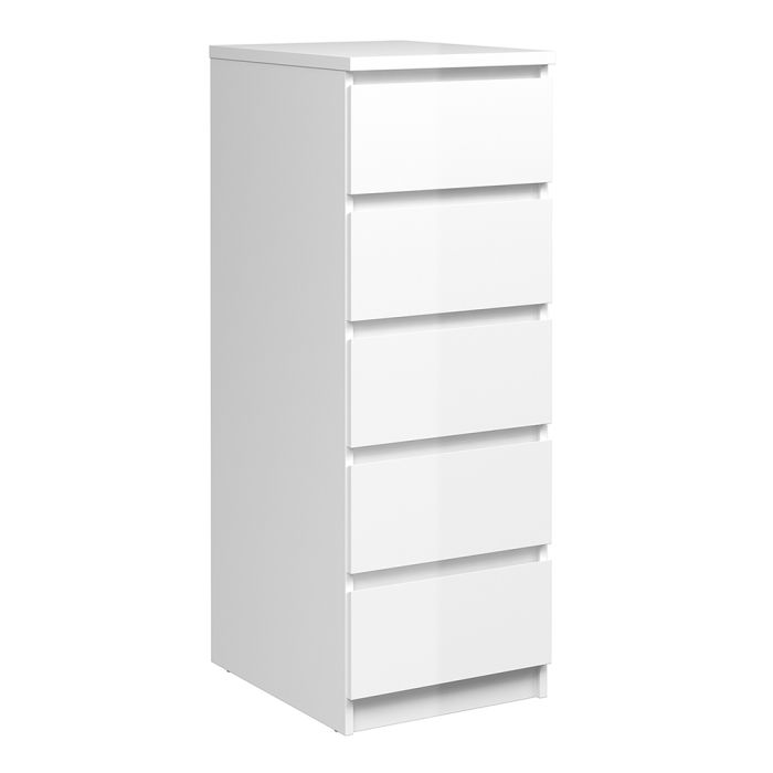 Naia Narrow Chest of 5 Drawers in White High Gloss - UK