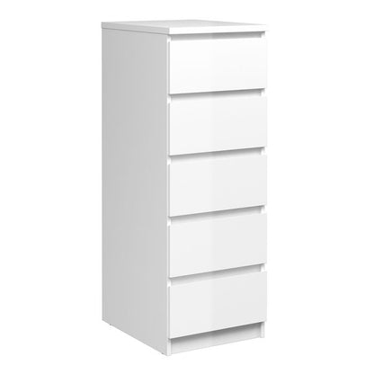 Naia Narrow Chest of 5 Drawers in White High Gloss - UK