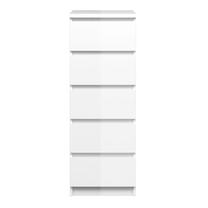 Naia Narrow Chest of 5 Drawers in White High Gloss - UK