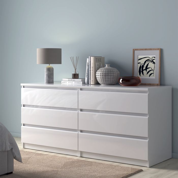 Naia Wide Chest of 6 Drawers (3+3) in White High Gloss - UK