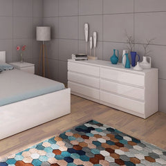 Naia Wide Chest of 6 Drawers (3+3) in White High Gloss - UK - Furniture One Shop