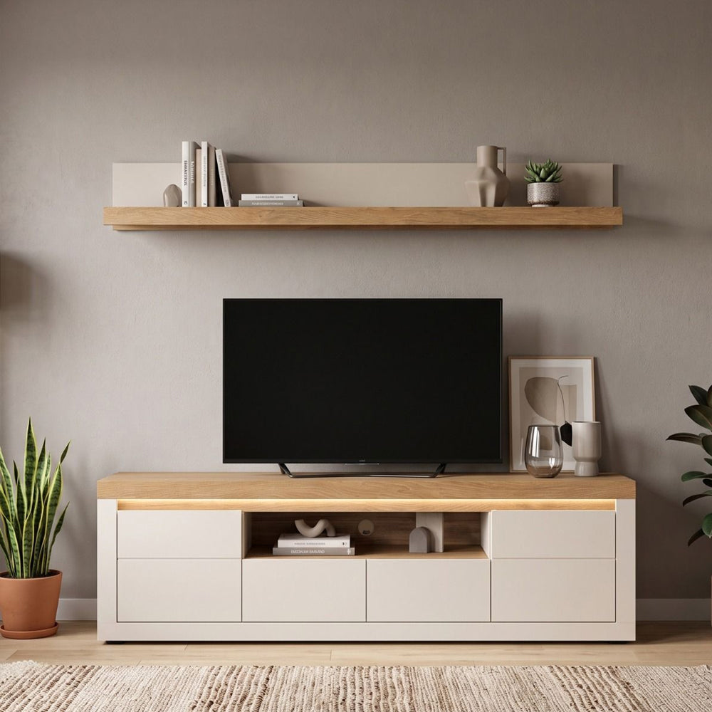 Naxxar Large Wooden Wall Shelf in Cashmere and Stone Oak - 194cm