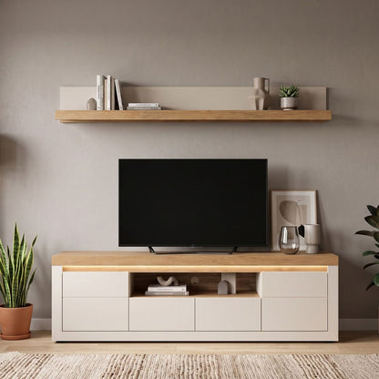 Naxxar Large Wooden Wall Shelf in Cashmere and Stone Oak - 194cm