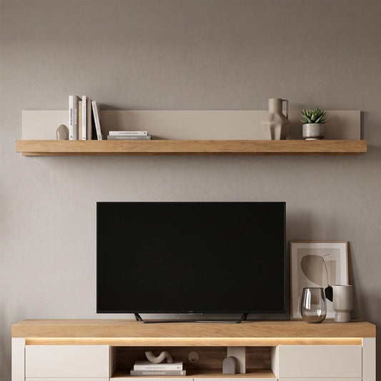 Naxxar Large Wooden Wall Shelf in Cashmere and Stone Oak - 194cm - Furniture One Shop