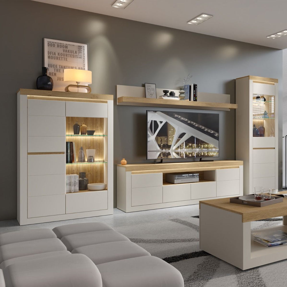 Naxxar Left Hand Display Cabinet 2 Doors in Cashmere and Stone Oak