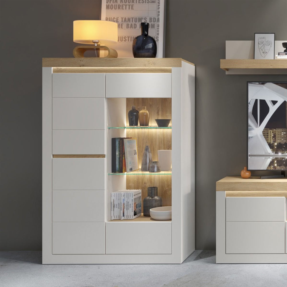 Naxxar Left Hand Display Cabinet 2 Doors in Cashmere and Stone Oak