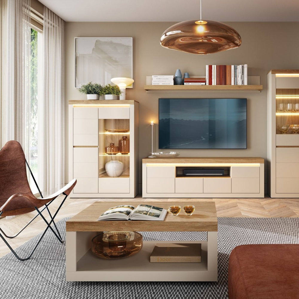 Naxxar Left Hand Display Cabinet 2 Doors in Cashmere and Stone Oak