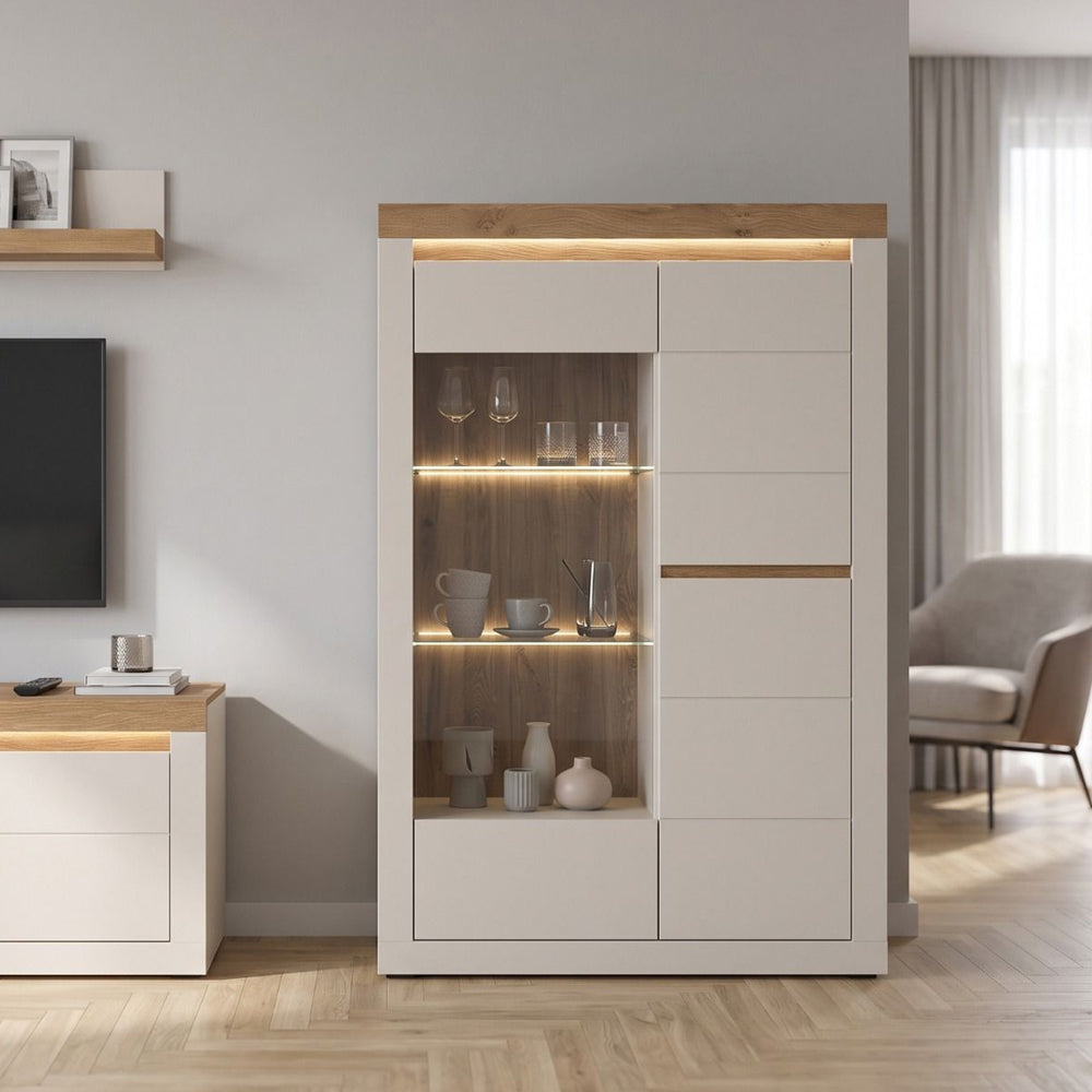Naxxar Right Hand Display Cabinet 2 Doors in Cashmere and Stone Oak