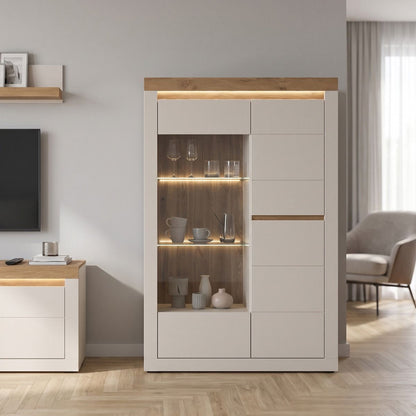 Naxxar Right Hand Display Cabinet 2 Doors in Cashmere and Stone Oak