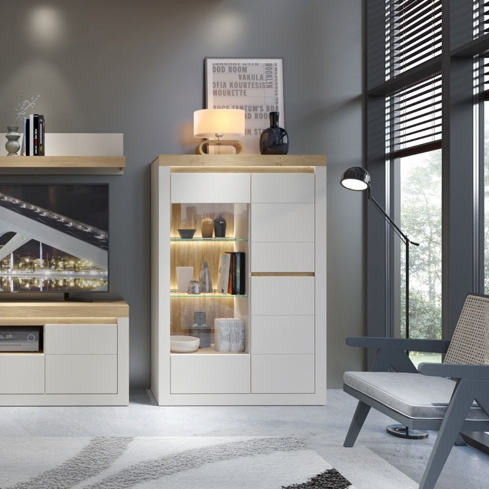 Naxxar Right Hand Display Cabinet 2 Doors in Cashmere and Stone Oak