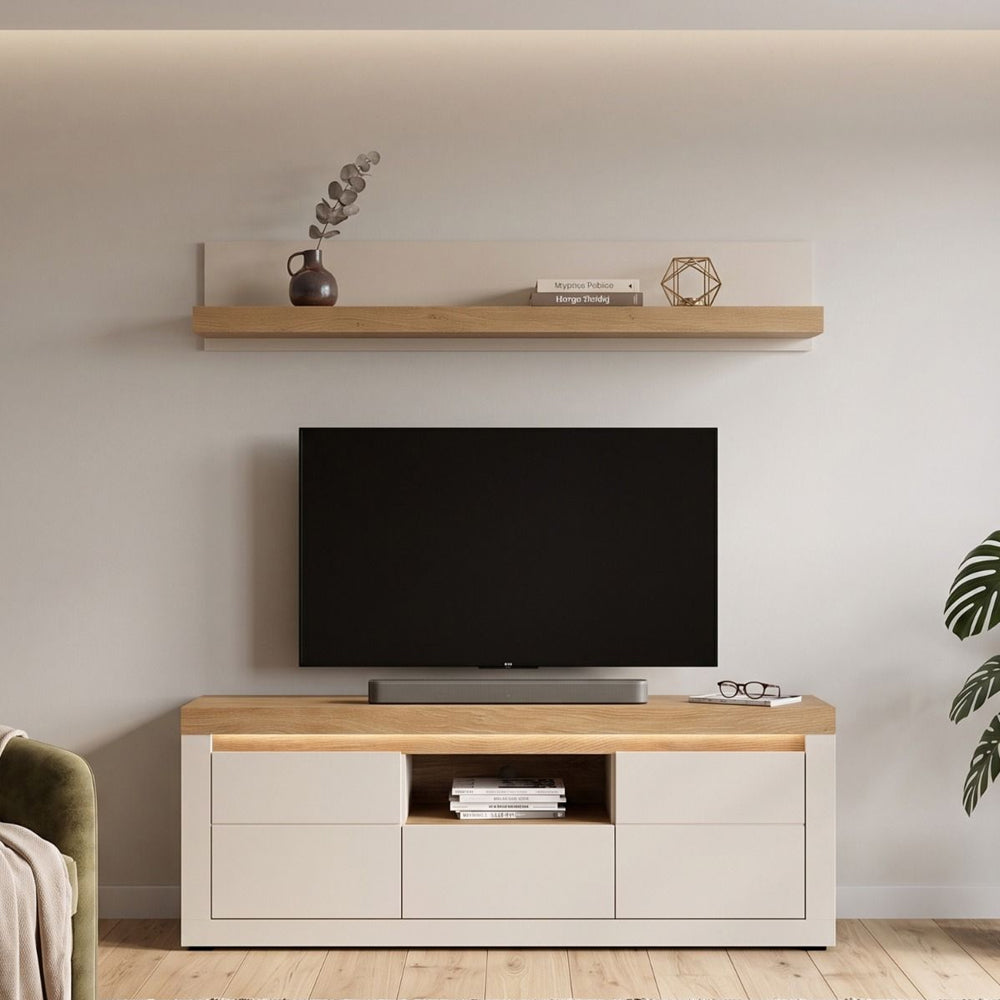 Naxxar Small Wooden Wall Shelf in Cashmere and Stone Oak - 154cm