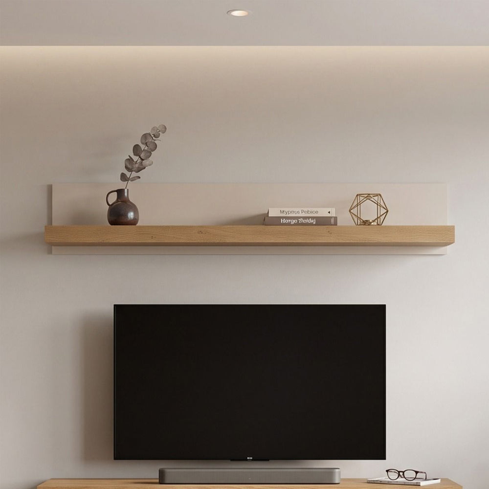 Naxxar Small Wooden Wall Shelf in Cashmere and Stone Oak - 154cm